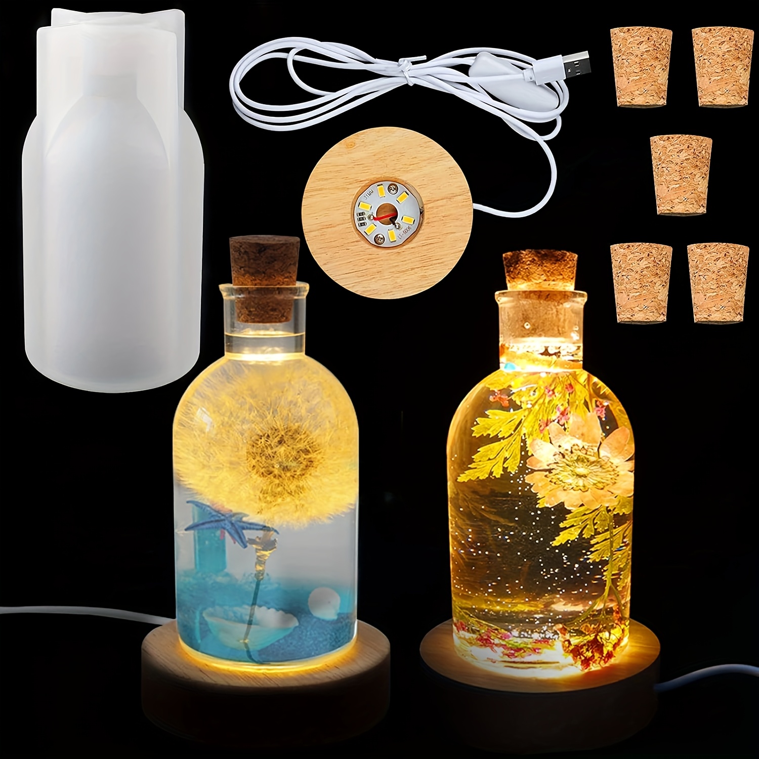 Woodworking Resin - Drift-Flaschen-Leuchtform-Set, LED-Leuchtenabdeckung aus Silikon, mit USB-betriebener